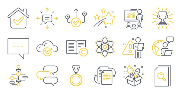 Set of Education icons, such as Medal, Cloud computing, Sms symbols. Block diagram, Presentation, Bureaucracy signs. Correct way, Copyright, Talk bubble. Search files, Trophy, Blog. Vector